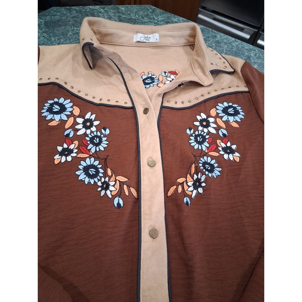 John Moon Western Cowgirl Shirt Sz L Embroidered Fringe Studded Floral Rodeo - Picture 4 of 13
